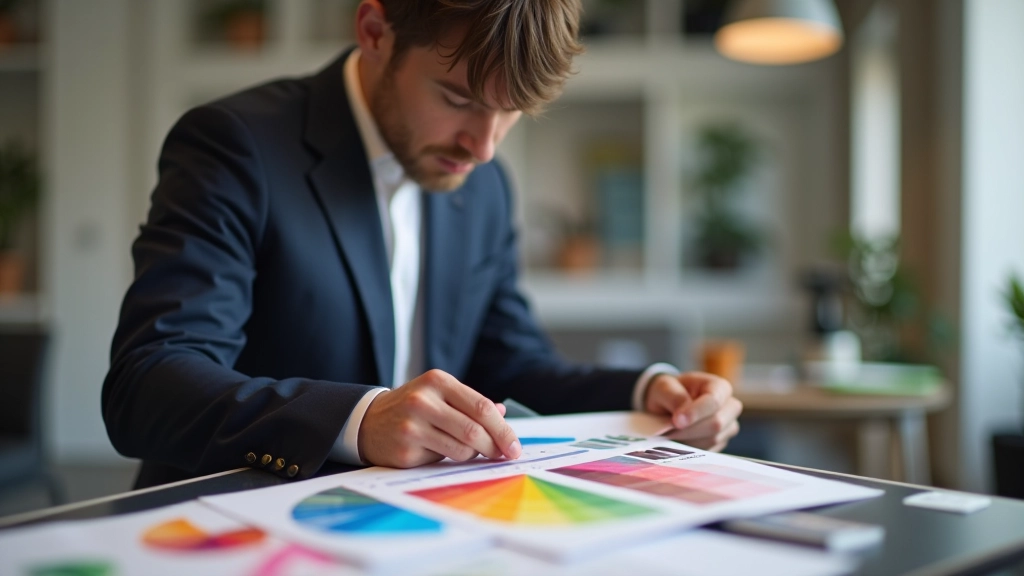 Designer betrachtet Farbkreismodell bei der Arbeit am Branding-Projekt