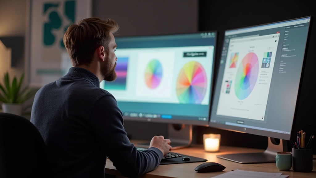 Designer arbeitet an einer Farbpalette am Computer mit mehreren Monitoren und Farbmustern
