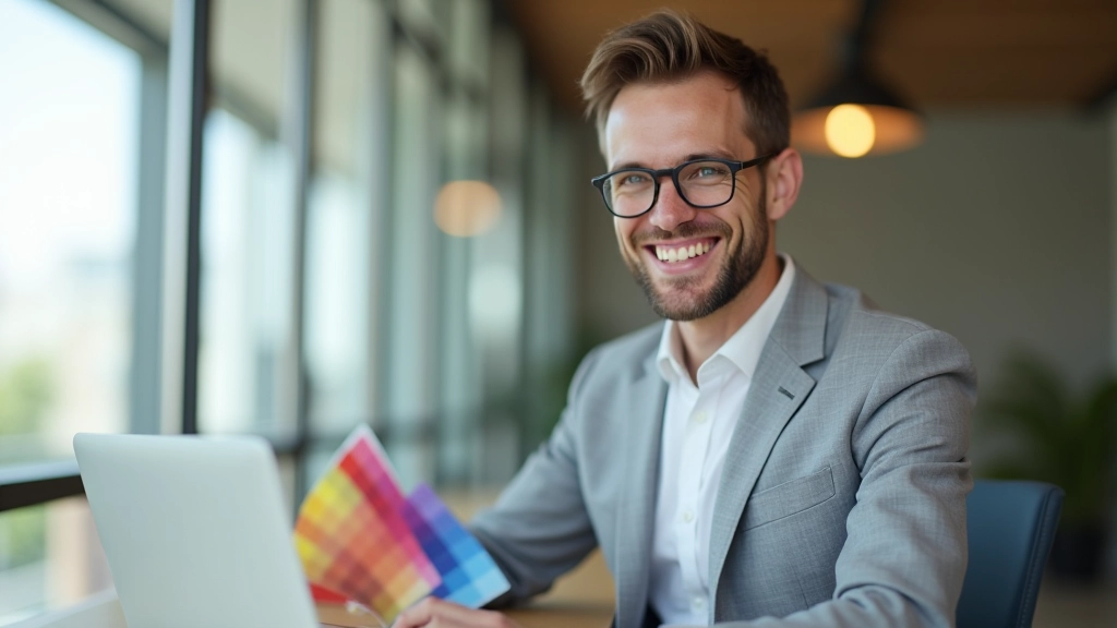 Designer mit inspiriertem Blick schaut auf bunte Farbpalette auf dem Bildschirm, arbeitet an Farbpsychologie-Projekt