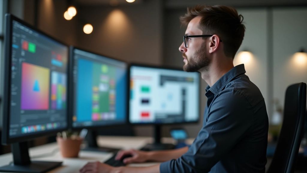 Designer arbeitet mit Farbpalette und Designtools auf mehreren Monitoren