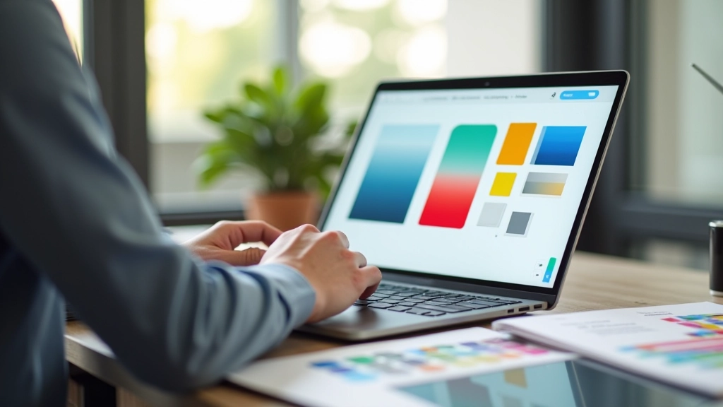 Designer arbeitet an Farbpalette auf Laptop-Monitor mit Farbfeldern