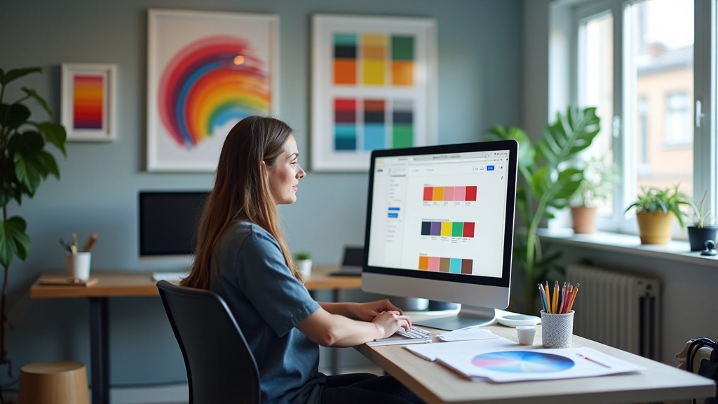 Farbharmonie Studio Arbeitsplatz mit Farbpaletten und Design-Tools
